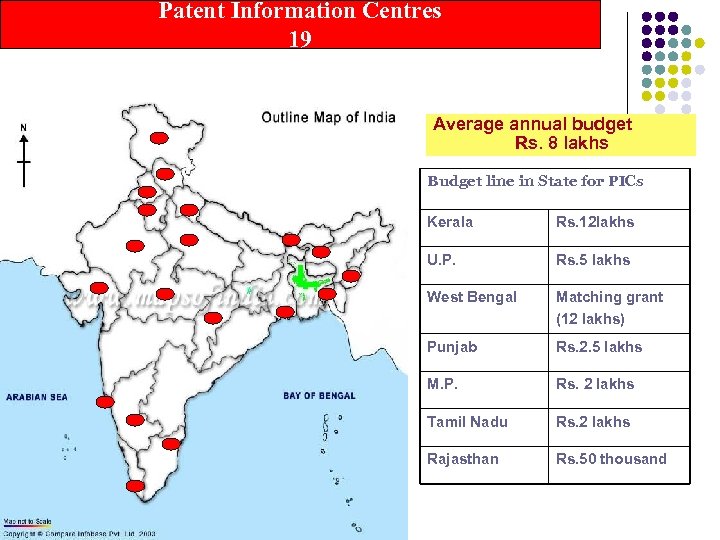 Patent Information Centres 19 Average annual budget Rs. 8 lakhs Budget line in State