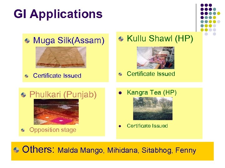 GI Applications Muga Silk(Assam) Kullu Shawl (HP) Certificate Issued Phulkari (Punjab) Opposition stage l