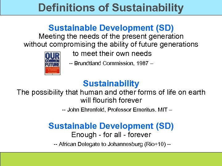 Definitions of Sustainability Sustainable Development (SD) Meeting the needs of the present generation without