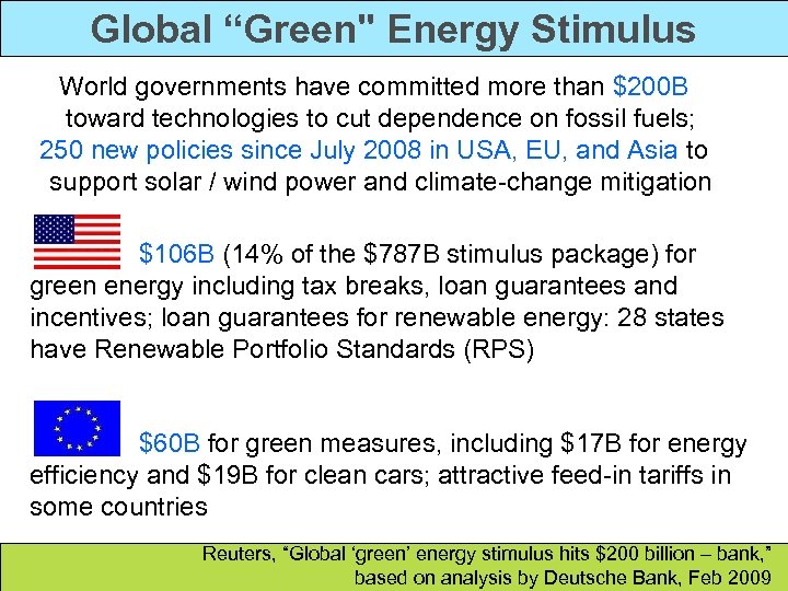 Global “Green" Energy Stimulus World governments have committed more than $200 B toward technologies