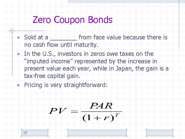 Zero Coupon Bonds • Sold at a ____ from face value because there is