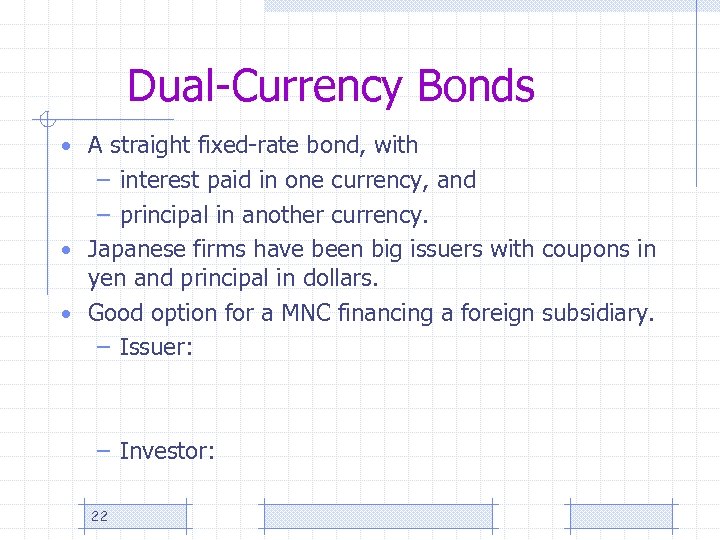 Dual-Currency Bonds • A straight fixed-rate bond, with – interest paid in one currency,