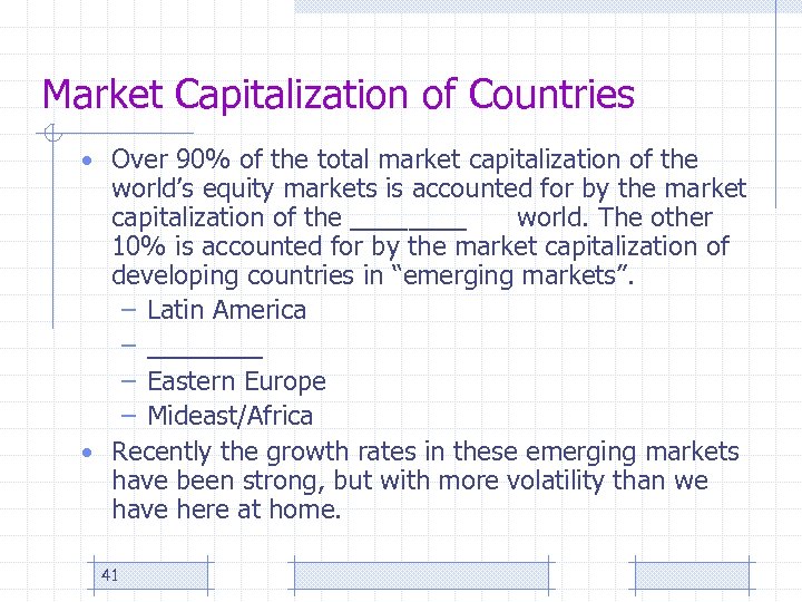Market Capitalization of Countries • Over 90% of the total market capitalization of the