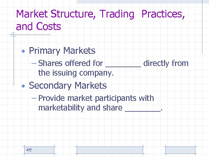 Market Structure, Trading Practices, and Costs • Primary Markets – Shares offered for ____