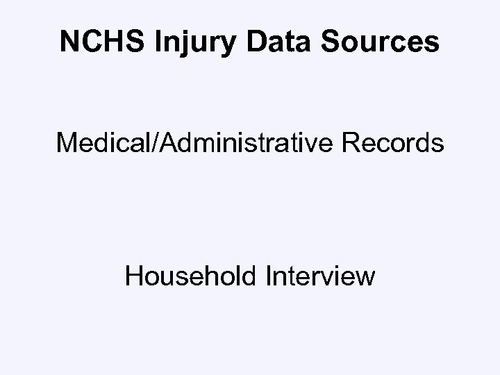 NCHS Injury Data Sources Medical/Administrative Records Household Interview 