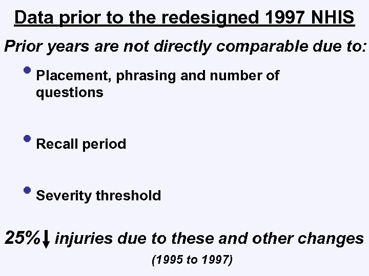 Data prior to the redesigned 1997 NHIS Prior years are not directly comparable due