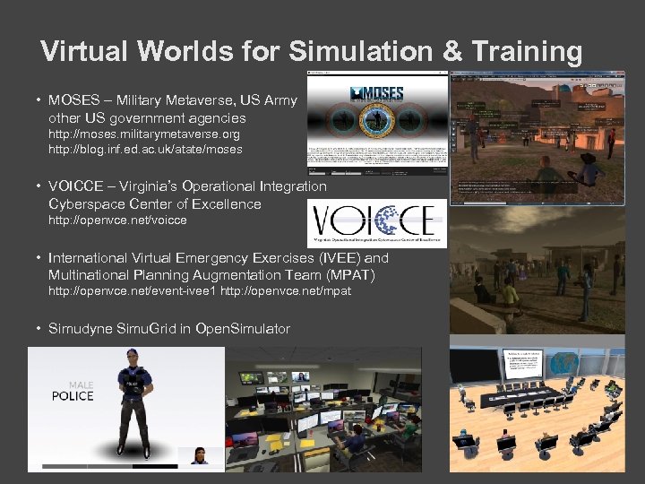 Virtual Worlds for Simulation & Training • MOSES – Military Metaverse, US Army other