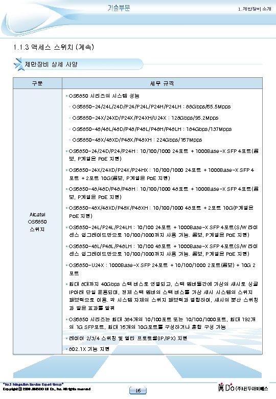 1. 제안장비 소개 1. 1. 3 액세스 스위치 (계속) 제안장비 상세 사양 구분 세부