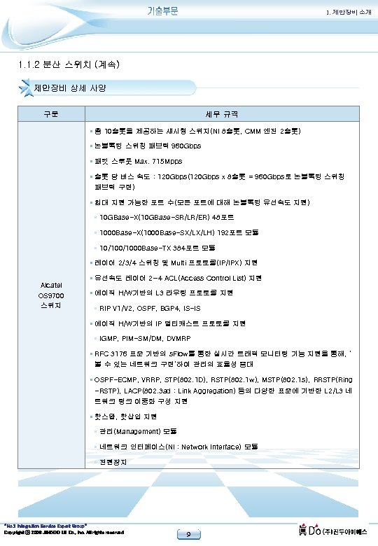 1. 제안장비 소개 1. 1. 2 분산 스위치 (계속) 제안장비 상세 사양 구분 세부