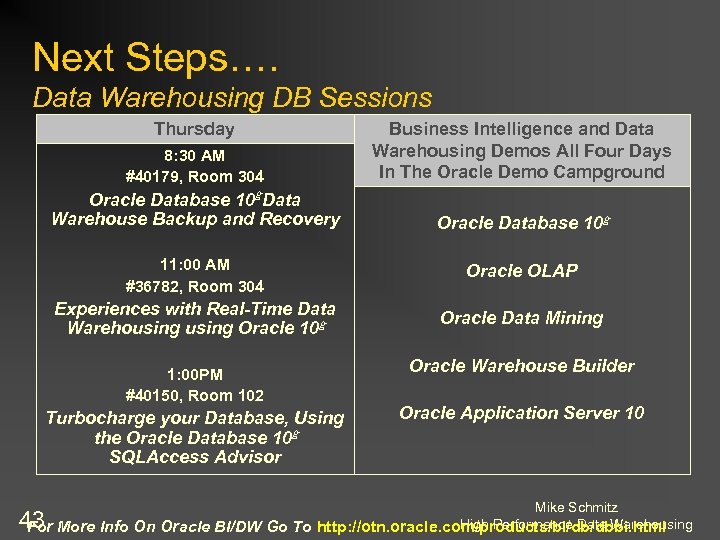 Next Steps…. Data Warehousing DB Sessions Thursday 8: 30 AM #40179, Room 304 Business