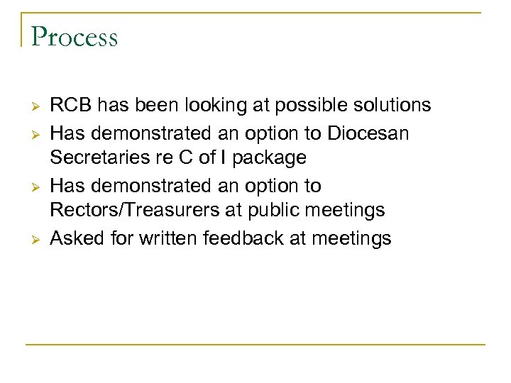 Process Ø Ø RCB has been looking at possible solutions Has demonstrated an option