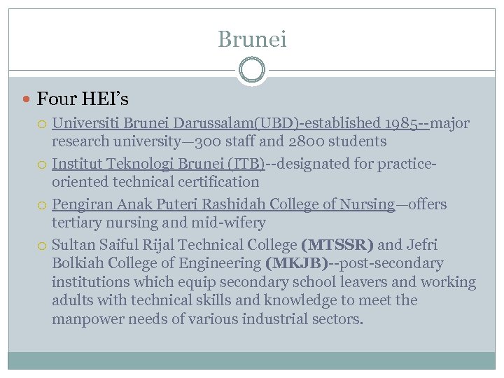 Brunei Four HEI’s Universiti Brunei Darussalam(UBD)-established 1985 --major research university— 300 staff and 2800