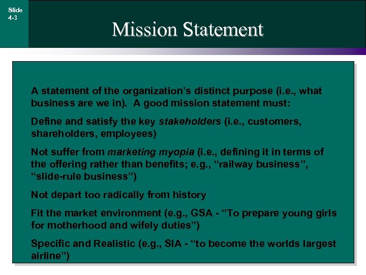 Slide 4 -3 Mission Statement A statement of the organization’s distinct purpose (i. e.