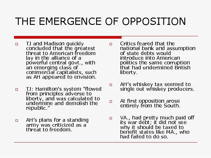 THE EMERGENCE OF OPPOSITION o o o TJ and Madison quickly concluded that the