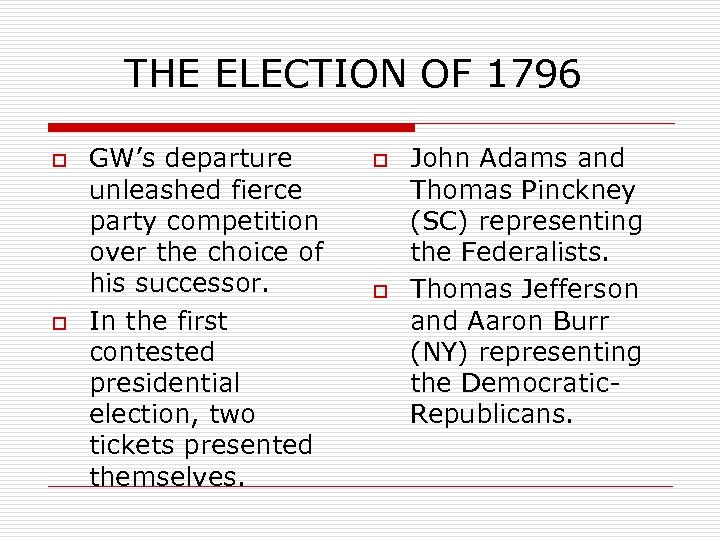 THE ELECTION OF 1796 o o GW’s departure unleashed fierce party competition over the
