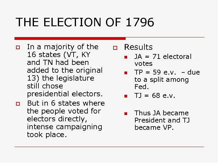 THE ELECTION OF 1796 o o In a majority of the 16 states (VT,