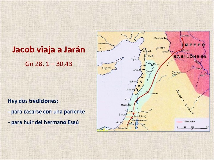 Jacob viaja a Jarán Gn 28, 1 – 30, 43 Hay dos tradiciones: -