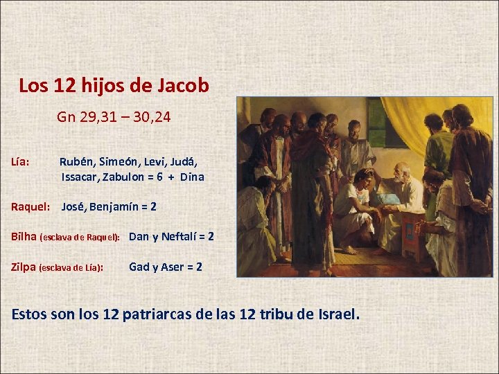 Los 12 hijos de Jacob Gn 29, 31 – 30, 24 Lía: Rubén, Simeón,