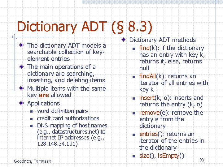 Dictionary ADT (§ 8. 3) The dictionary ADT models a searchable collection of keyelement