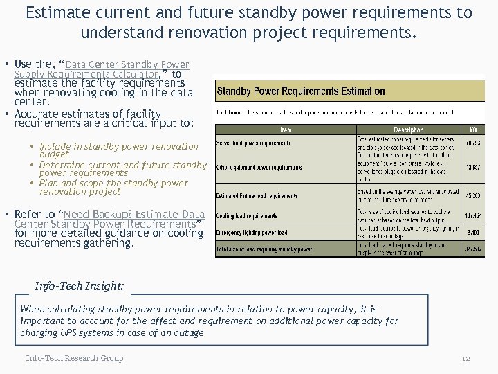 Estimate current and future standby power requirements to understand renovation project requirements. • Use