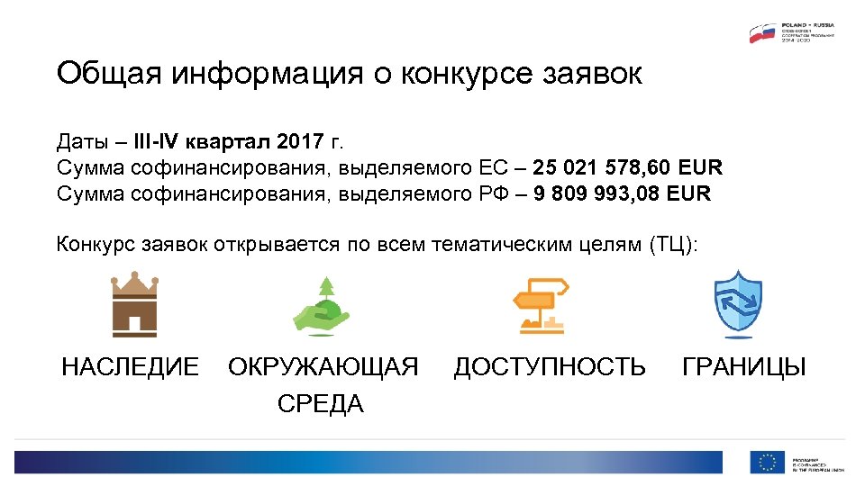 Общая информация о конкурсе заявок Даты – III-IV квартал 2017 г. Сумма софинансирования, выделяемого