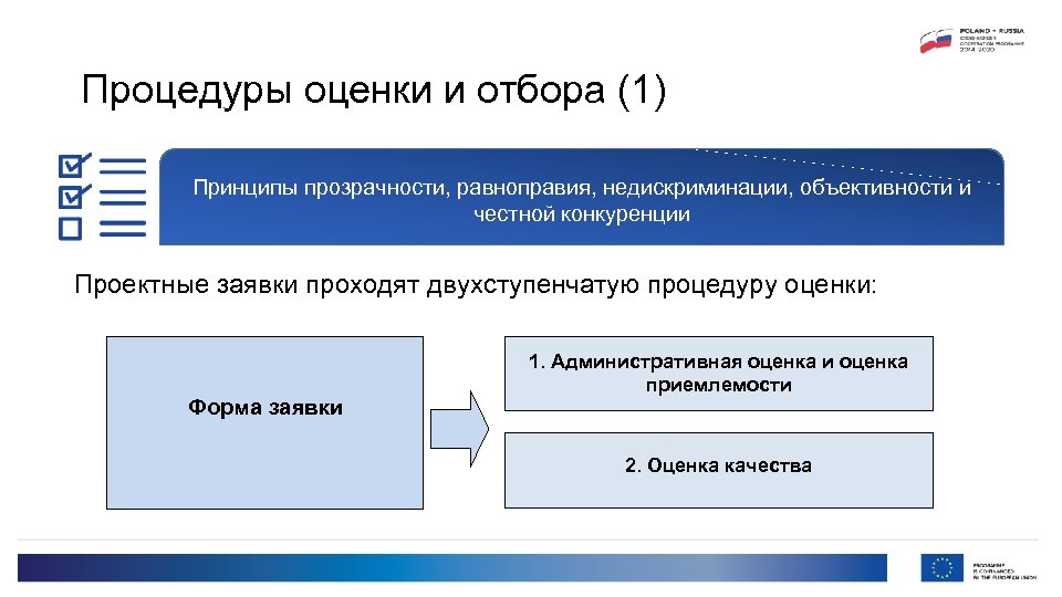 Процедуры оценки и отбора (1) Принципы прозрачности, равноправия, недискриминации, объективности и честной конкуренции Проектные