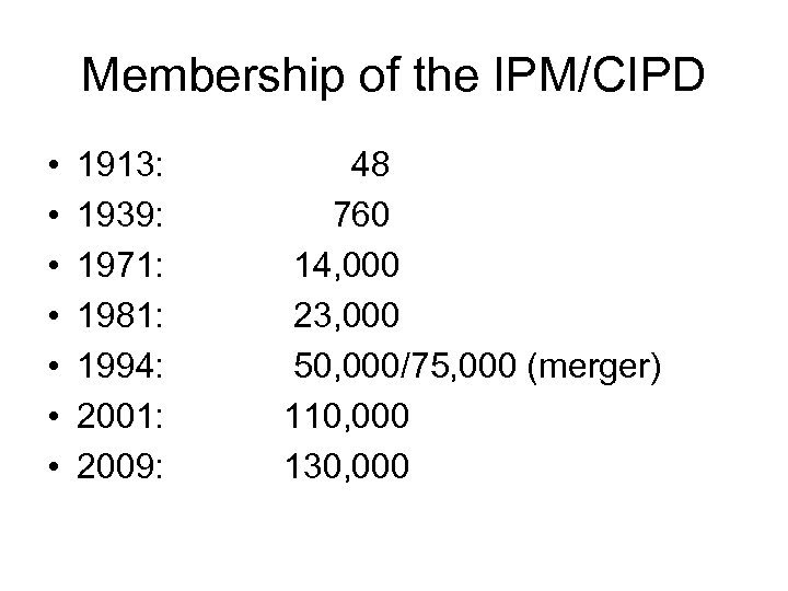 Membership of the IPM/CIPD • • 1913: 1939: 1971: 1981: 1994: 2001: 2009: 48
