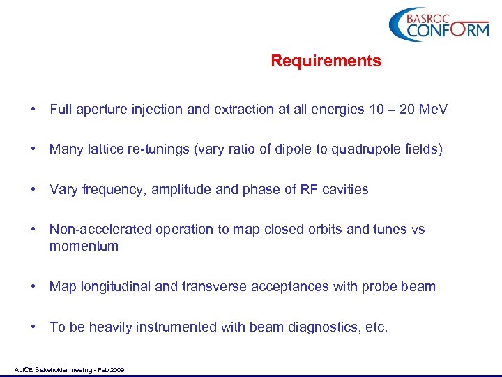 Requirements • Full aperture injection and extraction at all energies 10 – 20 Me.