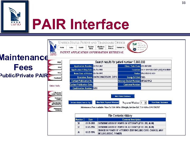 33 PAIR Interface Maintenance Fees Public/Private PAIR 