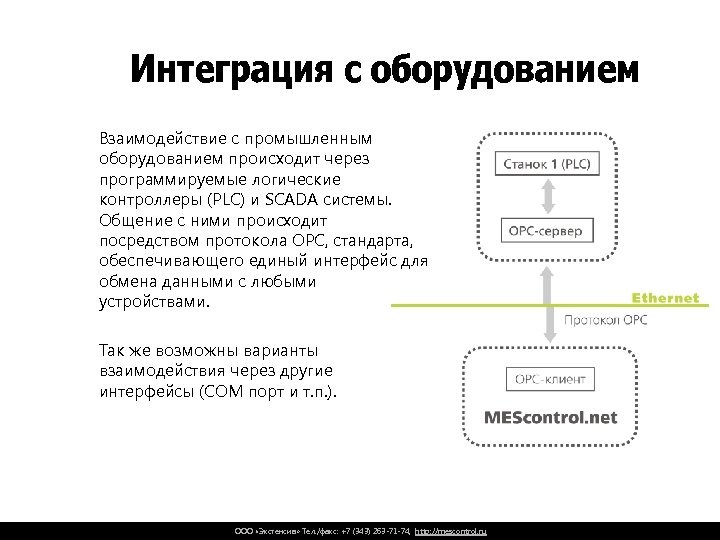 Интеграция с оборудованием Взаимодействие с промышленным оборудованием происходит через программируемые логические контроллеры (PLC) и