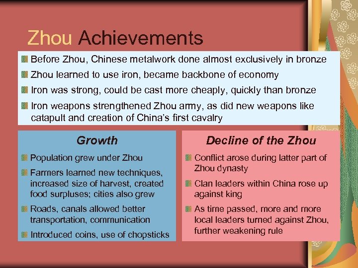 Zhou Achievements Before Zhou, Chinese metalwork done almost exclusively in bronze Zhou learned to