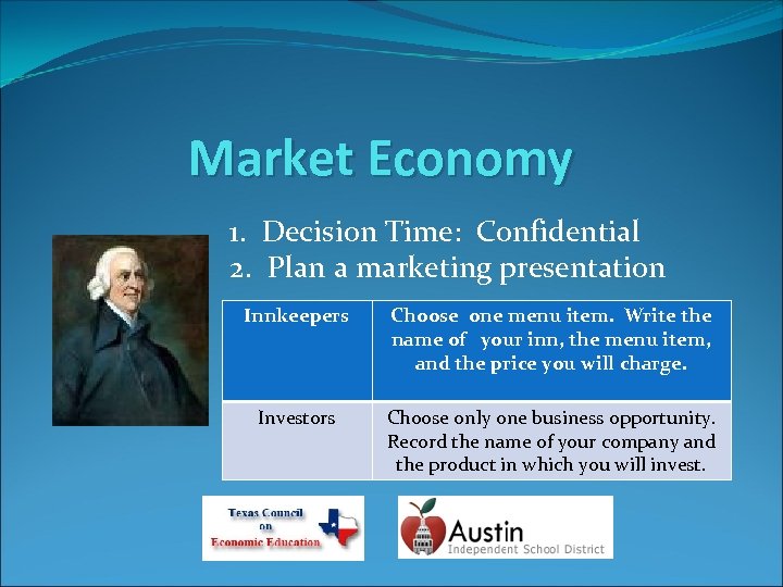 Market Economy 1. Decision Time: Confidential 2. Plan a marketing presentation Innkeepers Choose one