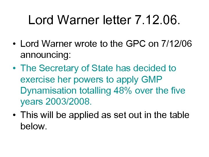 Lord Warner letter 7. 12. 06. • Lord Warner wrote to the GPC on