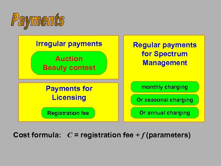 Irregular payments Auction Beauty contest Regular payments for Spectrum Management monthly charging Payments for