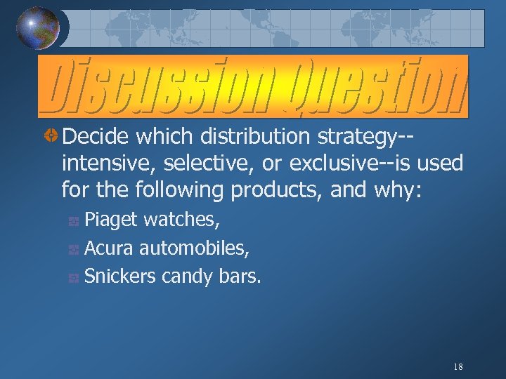 Decide which distribution strategy-intensive, selective, or exclusive--is used for the following products, and why: