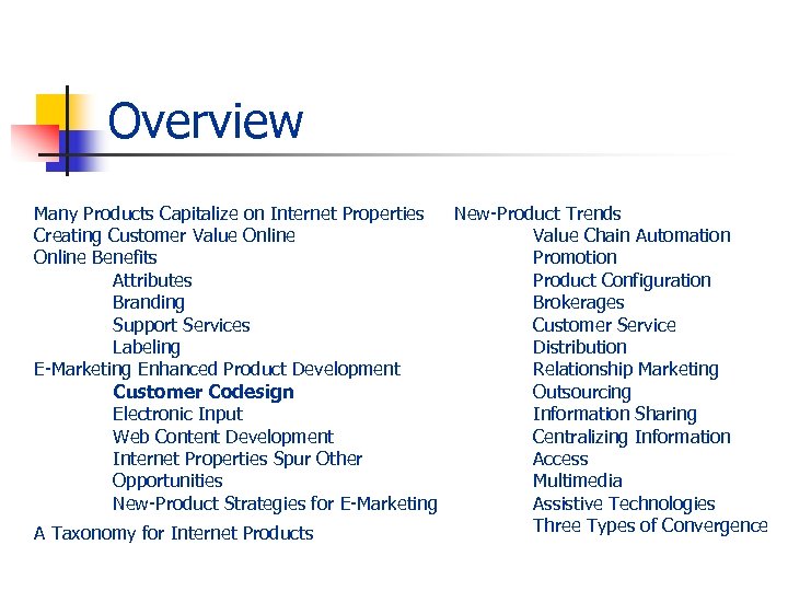 Overview Many Products Capitalize on Internet Properties New-Product Trends Creating Customer Value Online Value