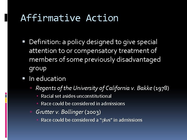 Affirmative Action Definition: a policy designed to give special attention to or compensatory treatment