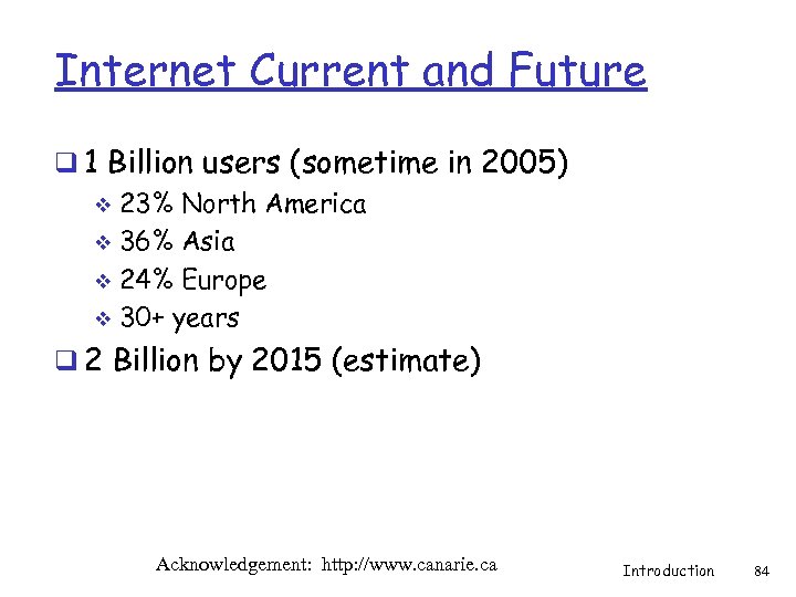 Internet Current and Future q 1 Billion users (sometime in 2005) v 23% North