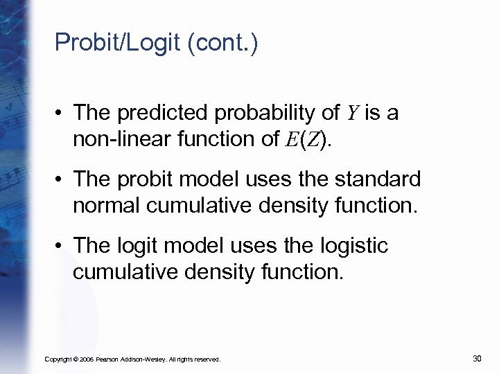 Probit/Logit (cont. ) • The predicted probability of Y is a non-linear function of