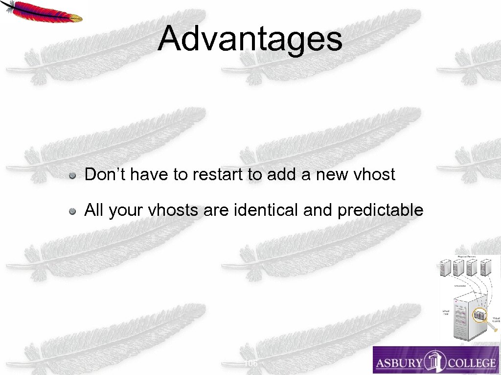 Advantages Don’t have to restart to add a new vhost All your vhosts are