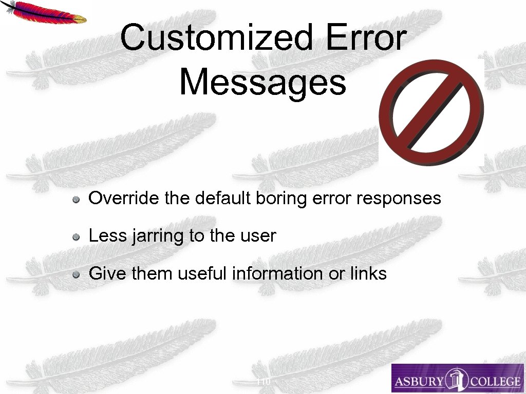 Customized Error Messages Override the default boring error responses Less jarring to the user