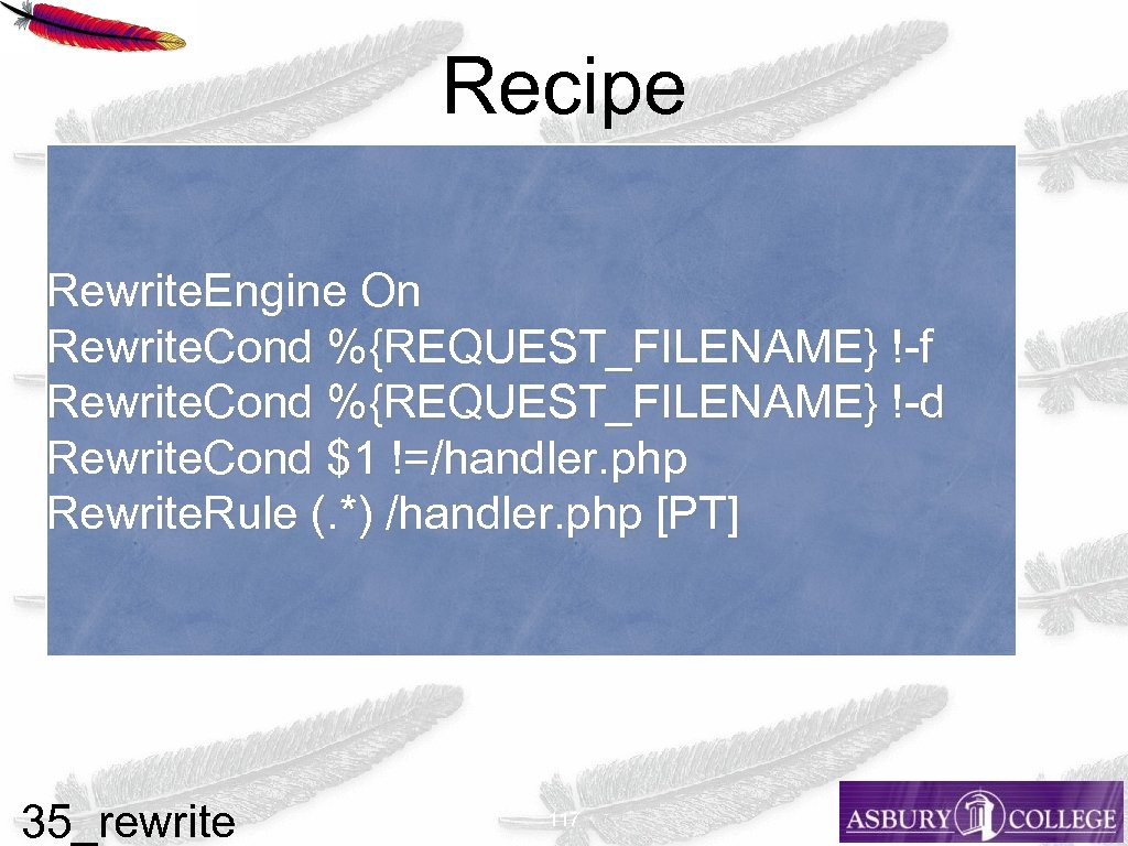 Recipe Rewrite. Engine On Rewrite. Cond %{REQUEST_FILENAME} !-f Rewrite. Cond %{REQUEST_FILENAME} !-d Rewrite. Cond