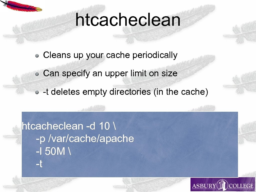 htcacheclean Cleans up your cache periodically Can specify an upper limit on size -t