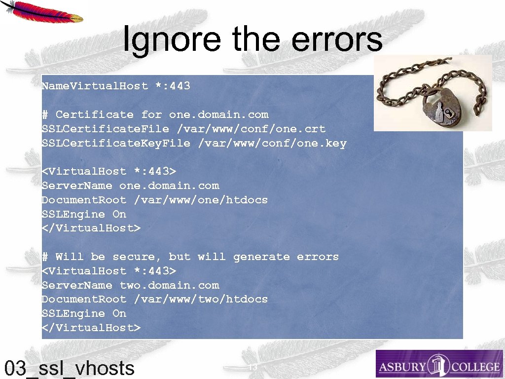 Ignore the errors Name. Virtual. Host *: 443 # Certificate for one. domain. com
