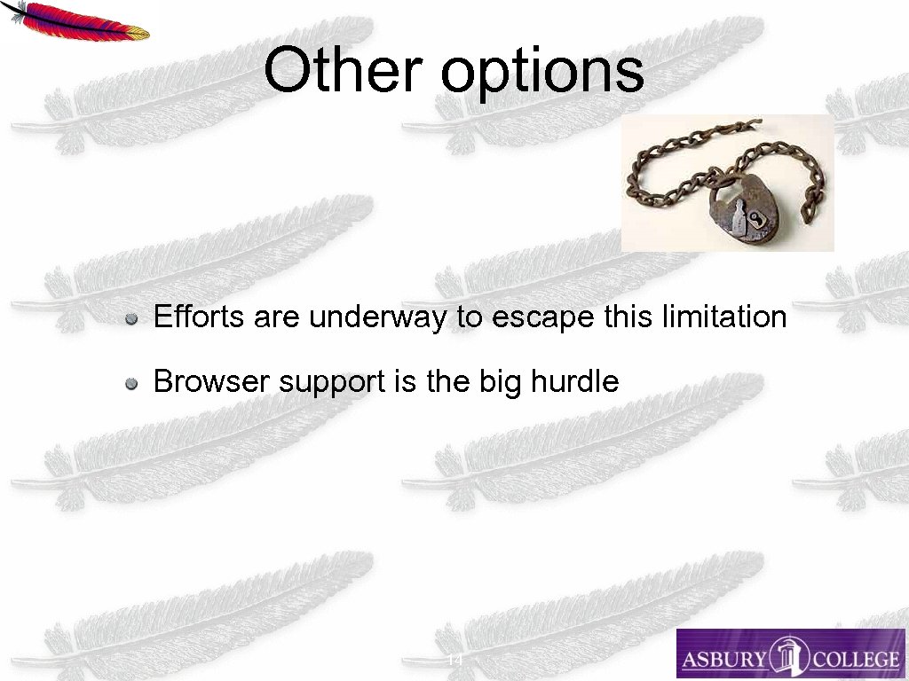 Other options Efforts are underway to escape this limitation Browser support is the big