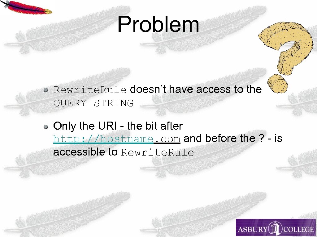 Problem Rewrite. Rule doesn’t have access to the QUERY_STRING Only the URI - the