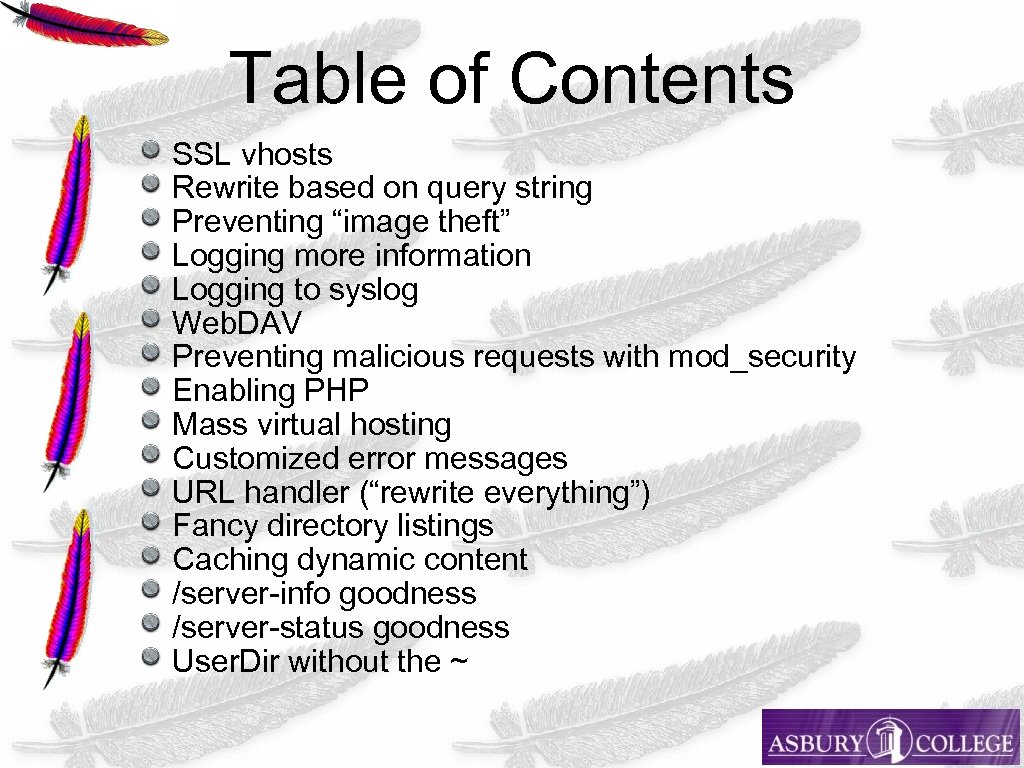 Table of Contents SSL vhosts Rewrite based on query string Preventing “image theft” Logging