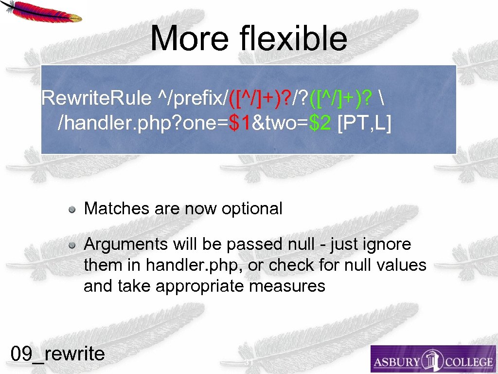 More flexible Rewrite. Rule ^/prefix/([^/]+)? /? ([^/]+)?  /handler. php? one=$1&two=$2 [PT, L] Matches
