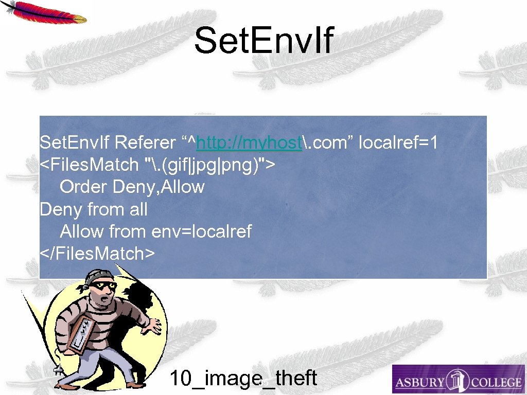 Set. Env. If Referer “^http: //myhost. com” localref=1 <Files. Match ". (gif|jpg|png)"> Order Deny,