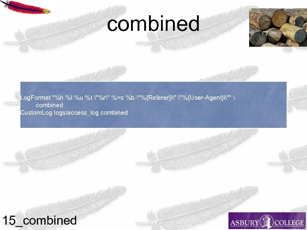 combined Log. Format "%h %l %u %t "%r" %>s %b "%{Referer}i" "%{User-Agent}i""  combined
